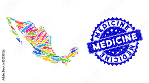 Multicolored Mexican mosaic map done of syringe pictograms, and Medicine textured seal stamp. Vector syringe scatter flat colored pictograms are combined into conceptual map of Mexico.