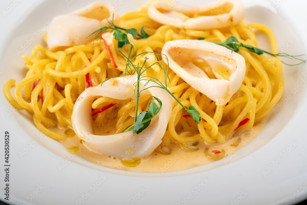 Asian-style seafood noodles. Plate of spaghetti with squid, pepper and hot tom yam sauce, macro Asian-style seafood noodles. Plate of spaghetti with squid, pepper and hot tom yam sauce, macro