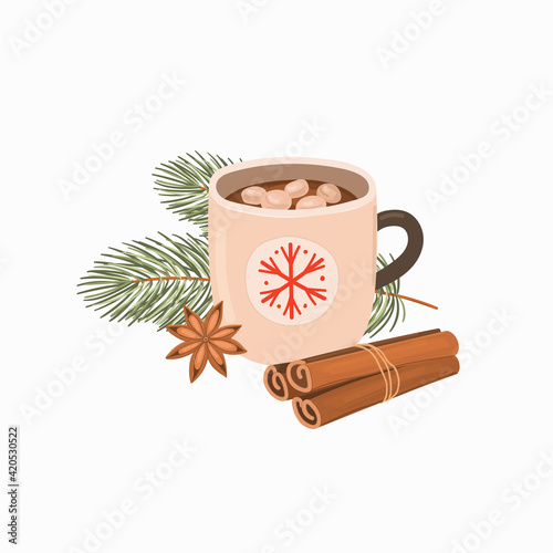 Christmas vector illustration with coffee mug, cinnamon sticks, conifer branch and anise. Hand drawn marshmallow cocoa cup and winter spices