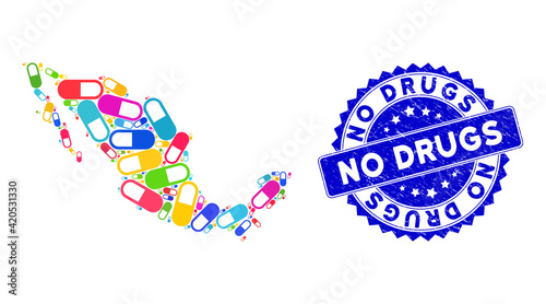 Multicolored Mexican mosaic map constructed of medication granule items, and No Drugs textured seal.