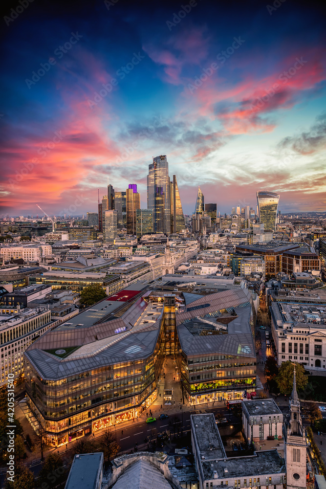 The skyscrapers and skyline of the City of London just after sunset, United Kingdom