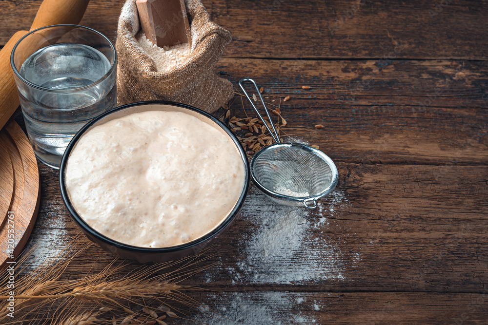 The sourdough for bread is active. Ingredients for making bread. The sourdough for bread is active. Ingredients for making bread.