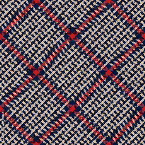Glen plaid pattern in navy blue  red  beige. Seamless decorative tweed tartan check plaid graphic background for skirt  throw  other modern spring autumn winter everyday casual fashion textile print.