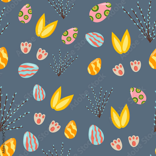 Seamless pattern of bunny paws, hare ears, easter eggs, pussy willow. Vector cartoon illustration. Decoration for Happy Easter