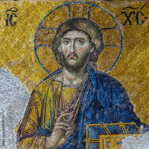 Photography Christian mosaic icon of Jesus Christ.