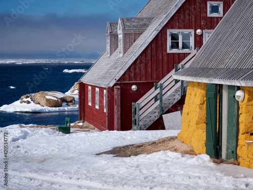 Upernavik Museum building exteriors, Greenland village life during spring thaw