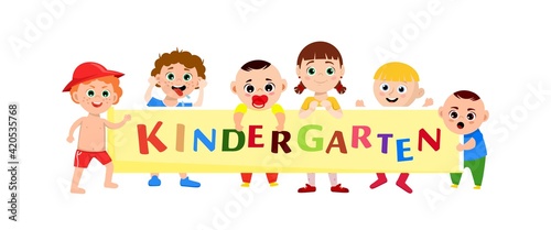 Group of kids holding the banner. Vector illustration