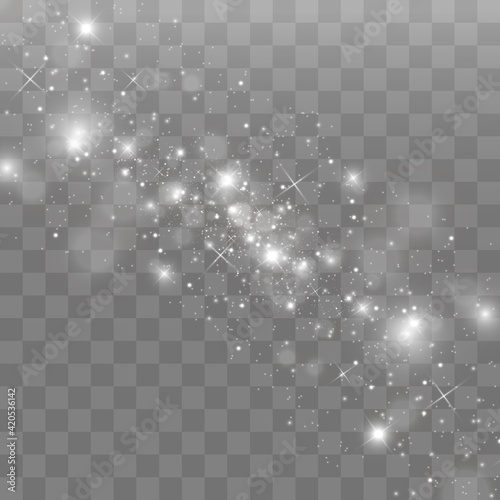 White sparks and golden stars glitter special light effect. Vector sparkles on transparent background. Christmas abstract pattern. Sparkling magic dust particles 