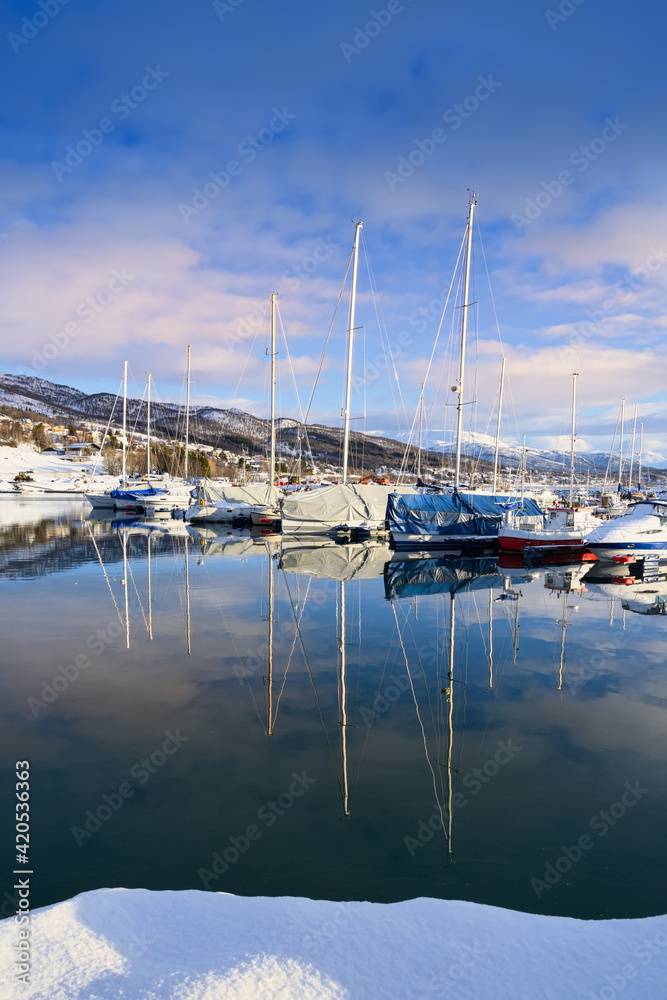 a small harbor with boats reflecting masts and ropes in the water