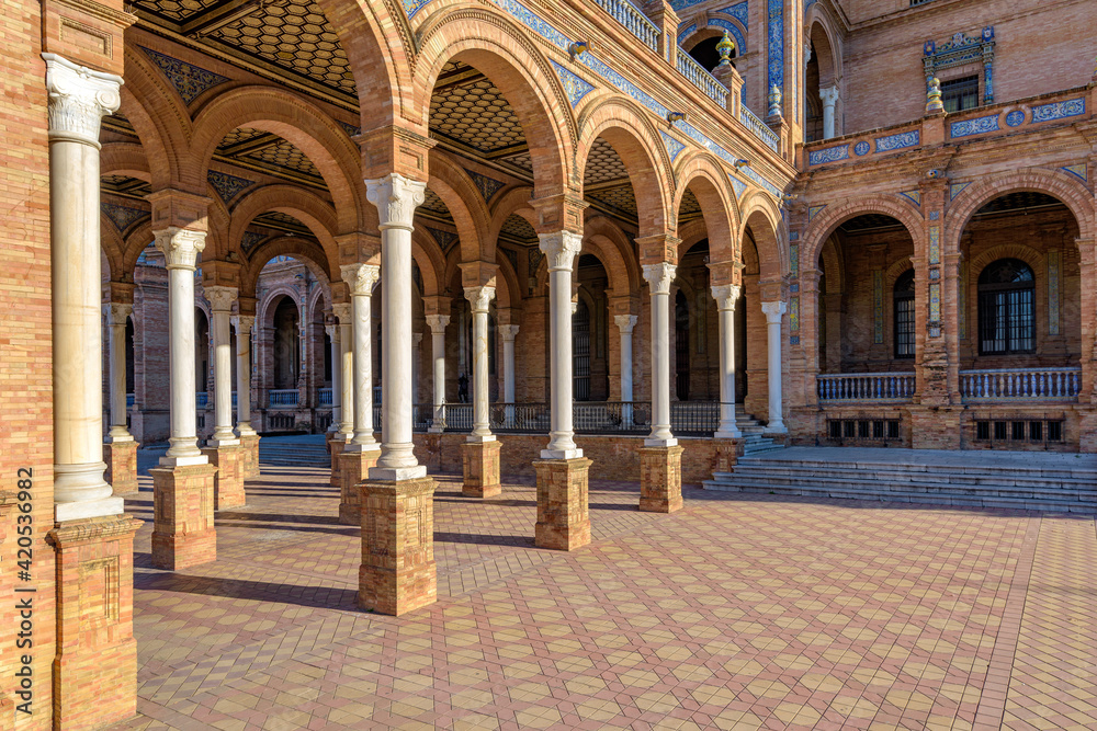 Columns and arches at the Plaza de Espana in Seville, Spain