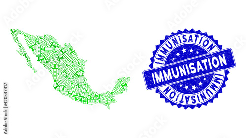 Green Mexico collage map organized of syringe elements, and Immunisation textured seal stamp. Vector syringe randomized flat green design elements are organized into conceptual map of Mexico.