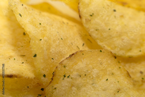 Potato Crisps with spices. Potato Crisps close-up