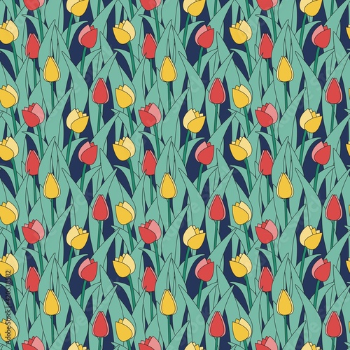 Seamless pattern colorful spring tulips in Easter