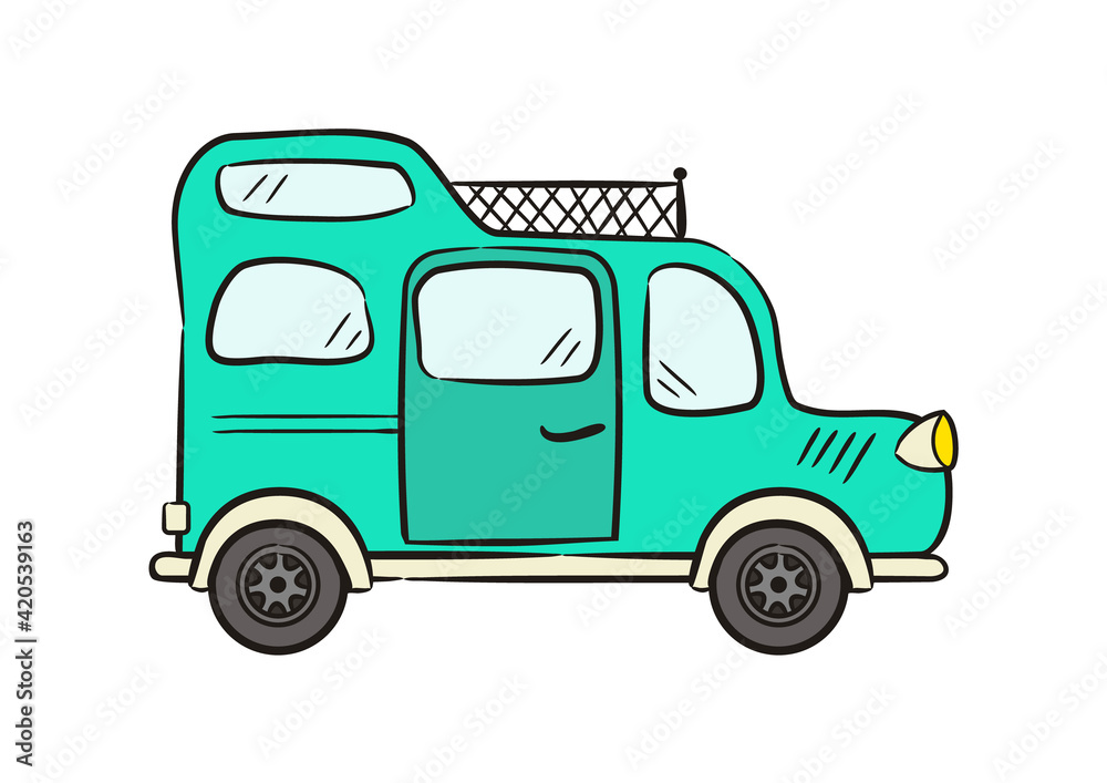 Hand drawn Turquoise minivan with roof rack. Motorhome isolated on white background. Doodle Vector illustration on the theme of travel, caravanning, camping, hiking and motorhomes.