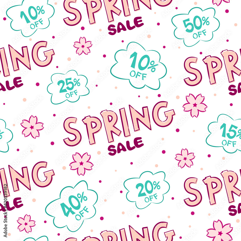Seamless pattern with Clouds and sakura for Spring sale. Cartoon Seasons Coupons with percentage discounts. Vector illustration for decoration of a store, showcase, advertising booklets or price tags.