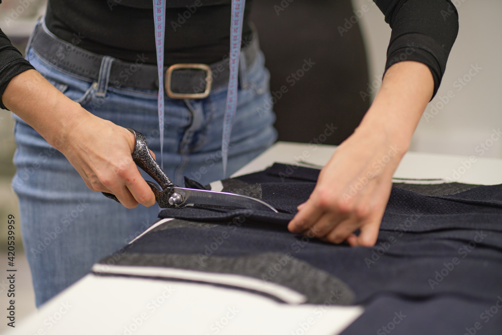 Fototapeta premium Dressmaker cutting dress fabric on sketch line. Fashion designer tailor or sewer in workshop studio designing new collection clothes. Business owner shop and entrepreneur concept