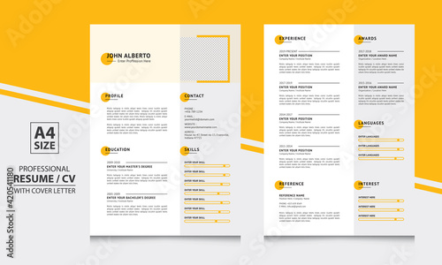 John Alberto two page yellow color resume format cv template simple and clean design photo