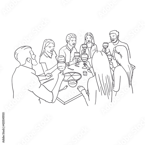 Friends dinner. Toasting with wine. Sketch on white background. 