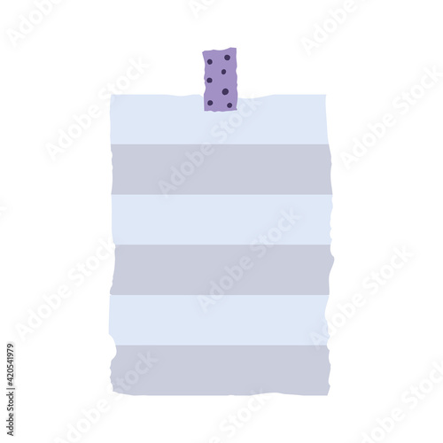 Blank striped note paper with sticky tape isolated on white background, hand drawn doodle vector 