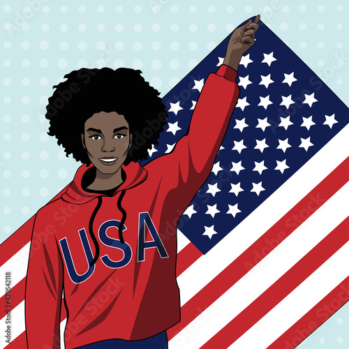 A beautiful young African American woman holding an American flag. Independence Day of America. Design for banners, flyers, postcards.