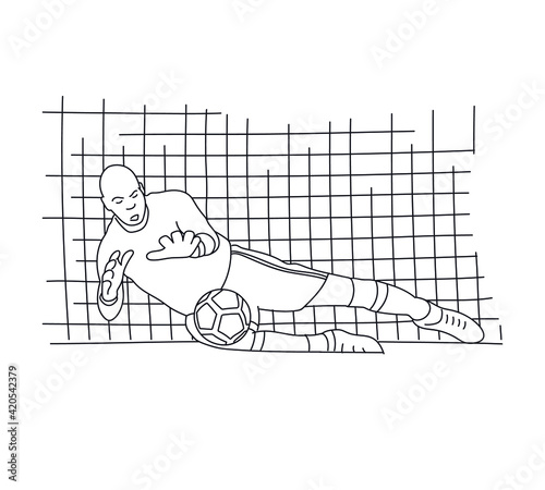 Goalkeeper save a ball. Hand-drawn scene. 