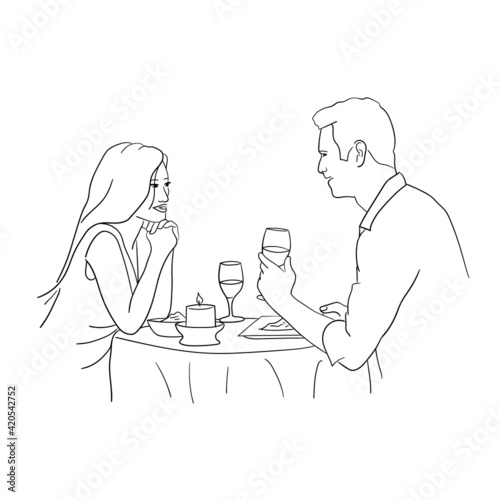 Couple in love romantic dinner. Handmade drawing on white background.
