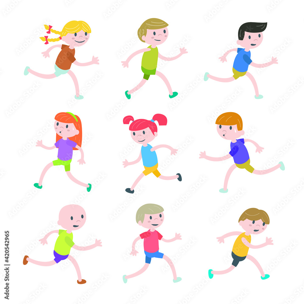 Kids running. Set of kids runners with childish style. Isolated flat style