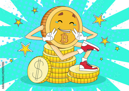 Funny Bitcoin meme illustration. Comic style happy Bitcoin image for good news, mass media, etc. Manga comics background and successful Bitcoin. Bitcoin breaks new feat illustration for banner, poster