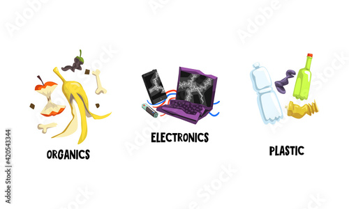 Garbage with Electronics, Plastic and Organic Waste Vector Set