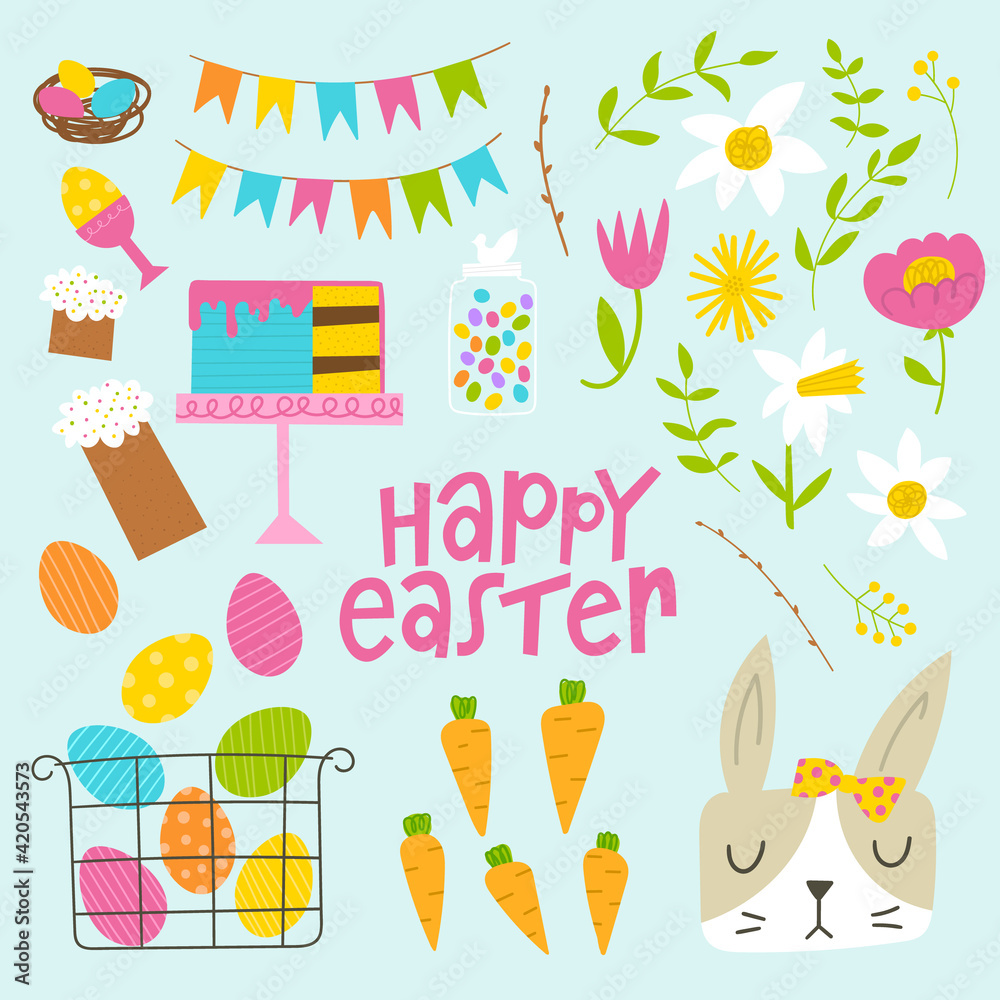 Easter clipart set. Flat hand drawn elements for spring holiday celebration. Cute bunny face, flowers and leaves, carrots, cakes and sweets, egg basket. Funny Easter vector collection. Easter clipart set. Flat hand drawn elements for spring holiday celebration. Cute bunny face, flowers and leaves, carrots, cakes and sweets, egg basket. Funny Easter vector collection.