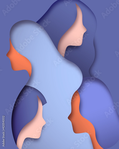 Paper cut isolated woman team face illustration