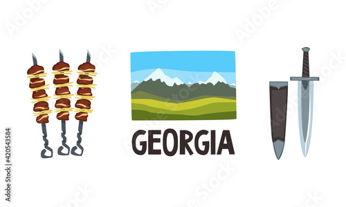 Georgia National Symbols with Dagger, Shashlik and Mountain View Vector Set