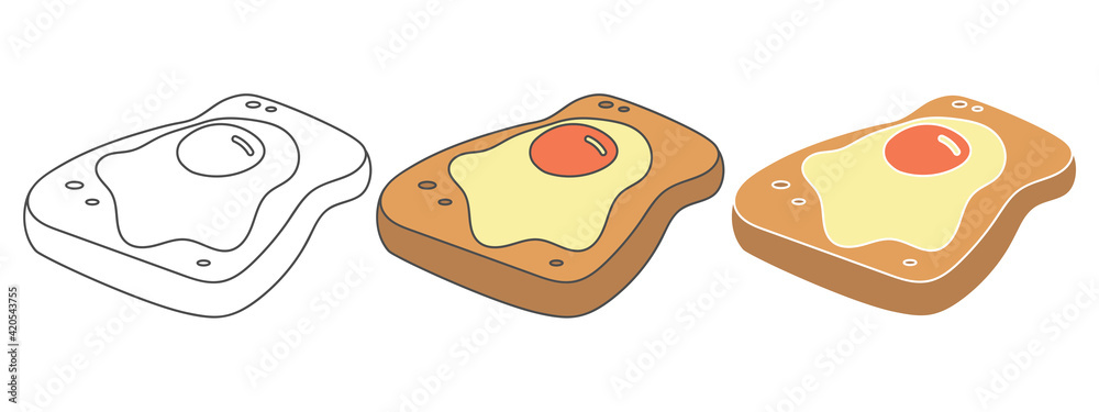 egg toast design vector illustration. food hand drawn cartoon. black and white outline