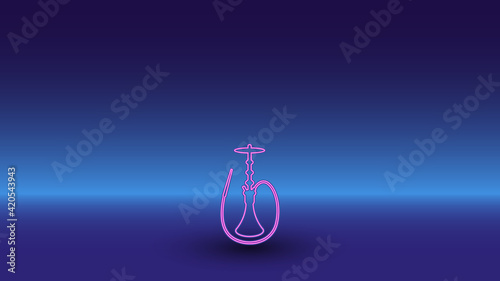 Neon hookah symbol on a gradient blue background. The isolated symbol is located in the bottom center. Gradient blue with light blue skyline