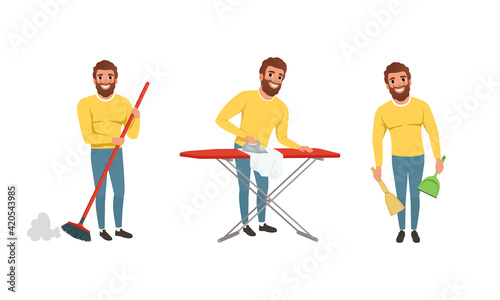 Happy Bearded Man in Yellow Sweater Sweeping the Floor with Broom and Ironing Vector Set