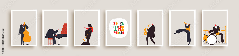 Jazz music band people retro poster collection - obrazy, fototapety, plakaty 