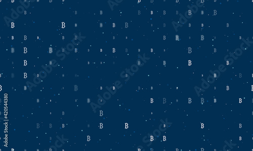 Seamless background pattern of evenly spaced white bitcoin symbols of different sizes and opacity. Vector illustration on dark blue background with stars
