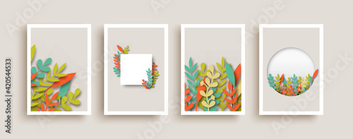 Empty white paper frame collection with plant leaf