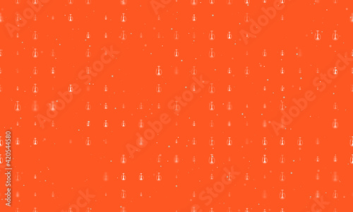 Seamless background pattern of evenly spaced white hookah symbols of different sizes and opacity. Vector illustration on deep orange background with stars