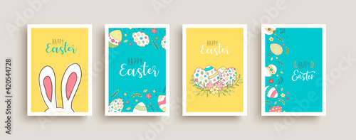 Happy easter cute rabbit egg doodle card set
