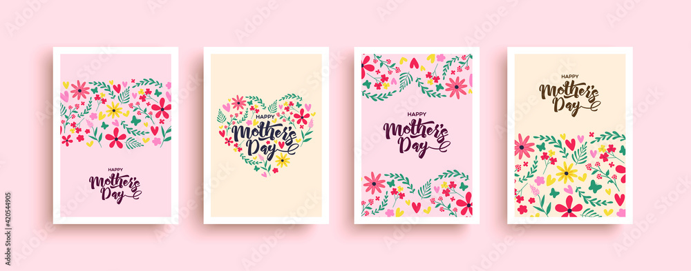 Happy mother's day pink flower heart card set