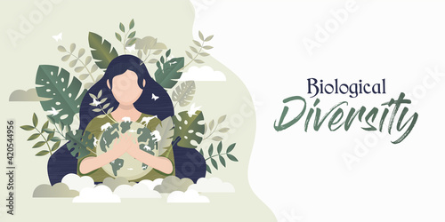 Biological diversity banner woman hugging planet