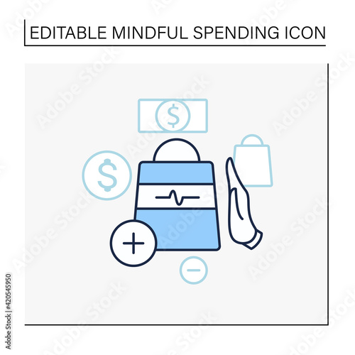 Not impulsive shopping line icon. Avoiding impulse buying.Thoughtful spending money. Purchase only necessary products.Mindful spending concept.Isolated vector illustration.Editable stroke