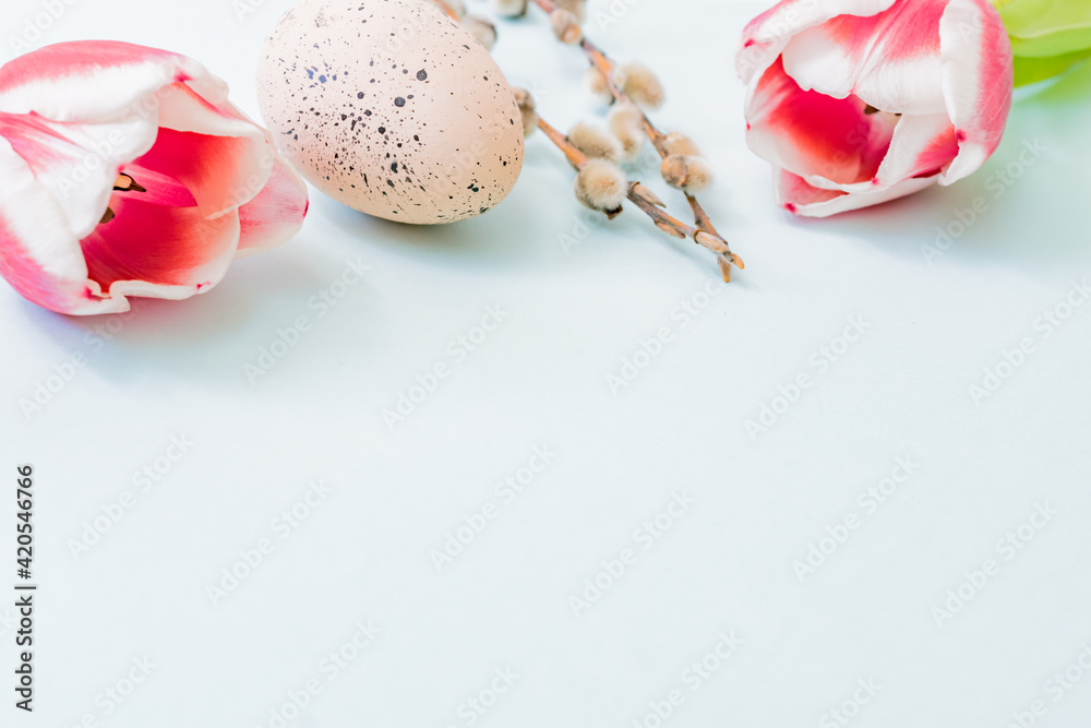 Easter composition with pink tulips and eggs on color background - obrazy, fototapety, plakaty 