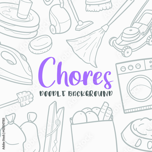 Chores Doodle Banner Icon. House Vector Illustration Hand Drawn Art. Line Symbols Sketch Background.