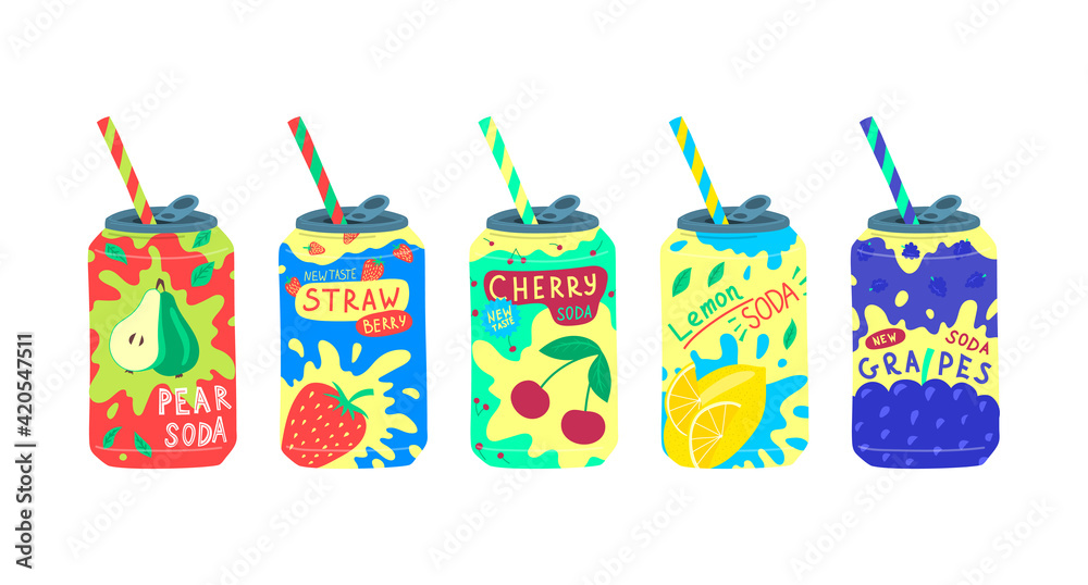 Cartoon Color Various Tasty Sodas Set. Vector
