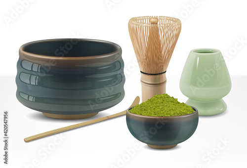 Realistic Detailed 3d Japanese Matcha Latte Set. Vector
