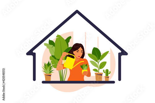 Stay home concept. Woman watering houseplants at home. Home garden and houseplants concept. Flat vector illustration.
