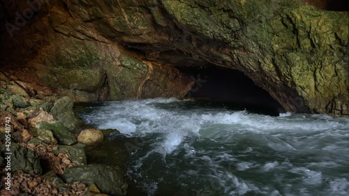 Wild river Rak flowing in Weaver Cave entrance, Rakov Skocjan. Underground turbulent stream in karst environment, Slovenia. Beautiful colored rocks inside the cave. Static shot, real time, wide angle photo