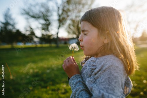 girl makes wishes on dandelion photo